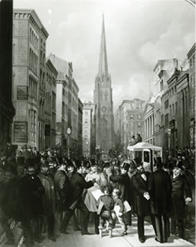 Painting of 1870s New York City busy Street