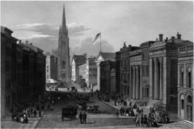 Painting of 1870s New York City busy Street